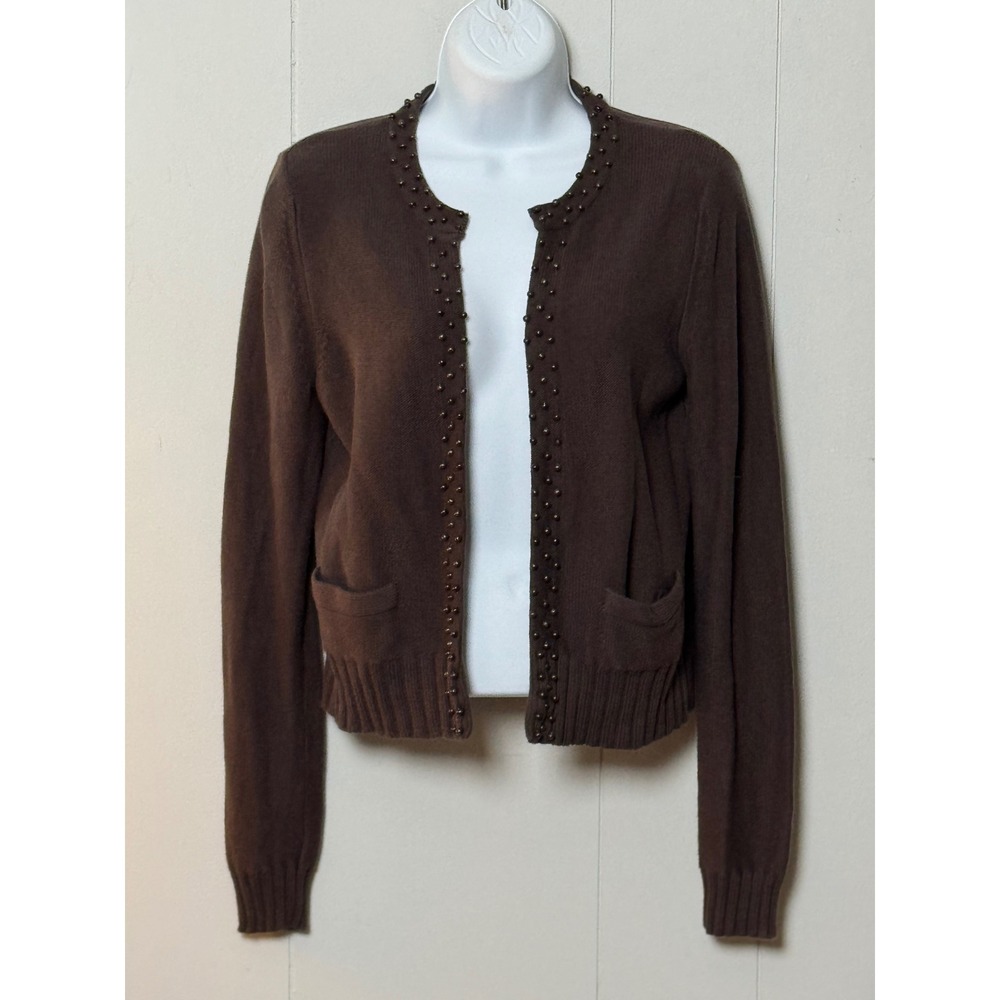Old Navy Womens Brown Beaded Trim Open Front Cotton Knit Cardigan Sweater Size M